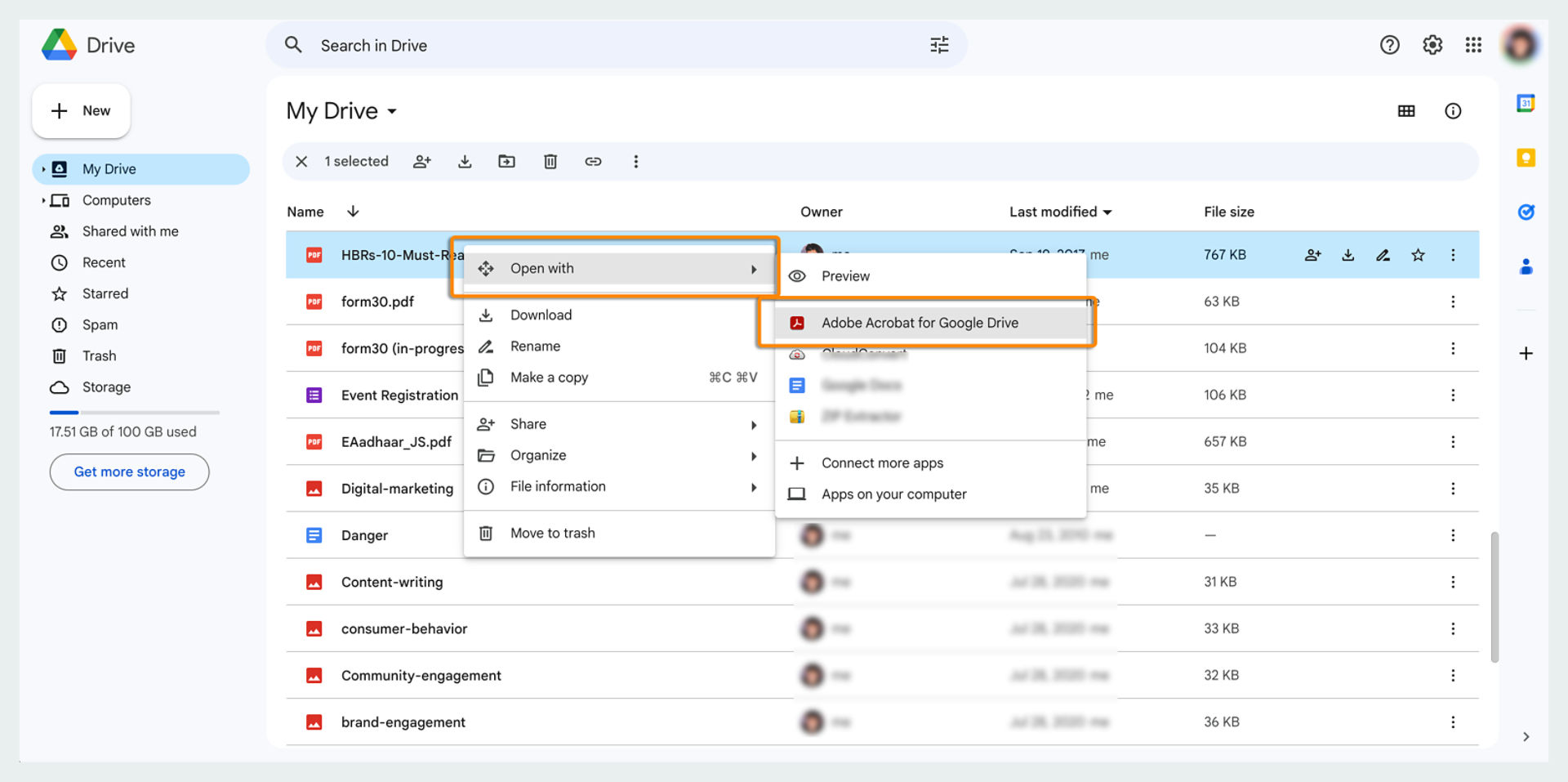 Using Adobe Document Cloud extension for Google Drive