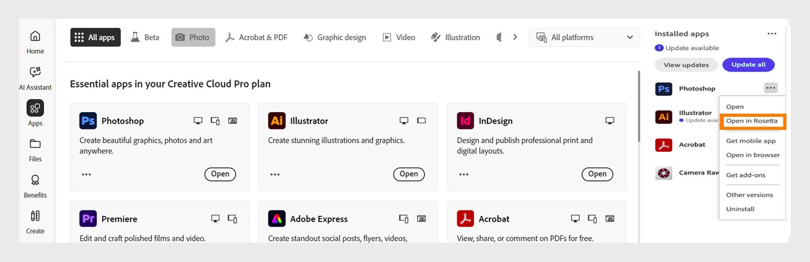 The Installed apps panel of the Apps tab displays the More options drop-down. with choices such as: Open, Open in Rosetta, View product details, Uninstall and  others. 