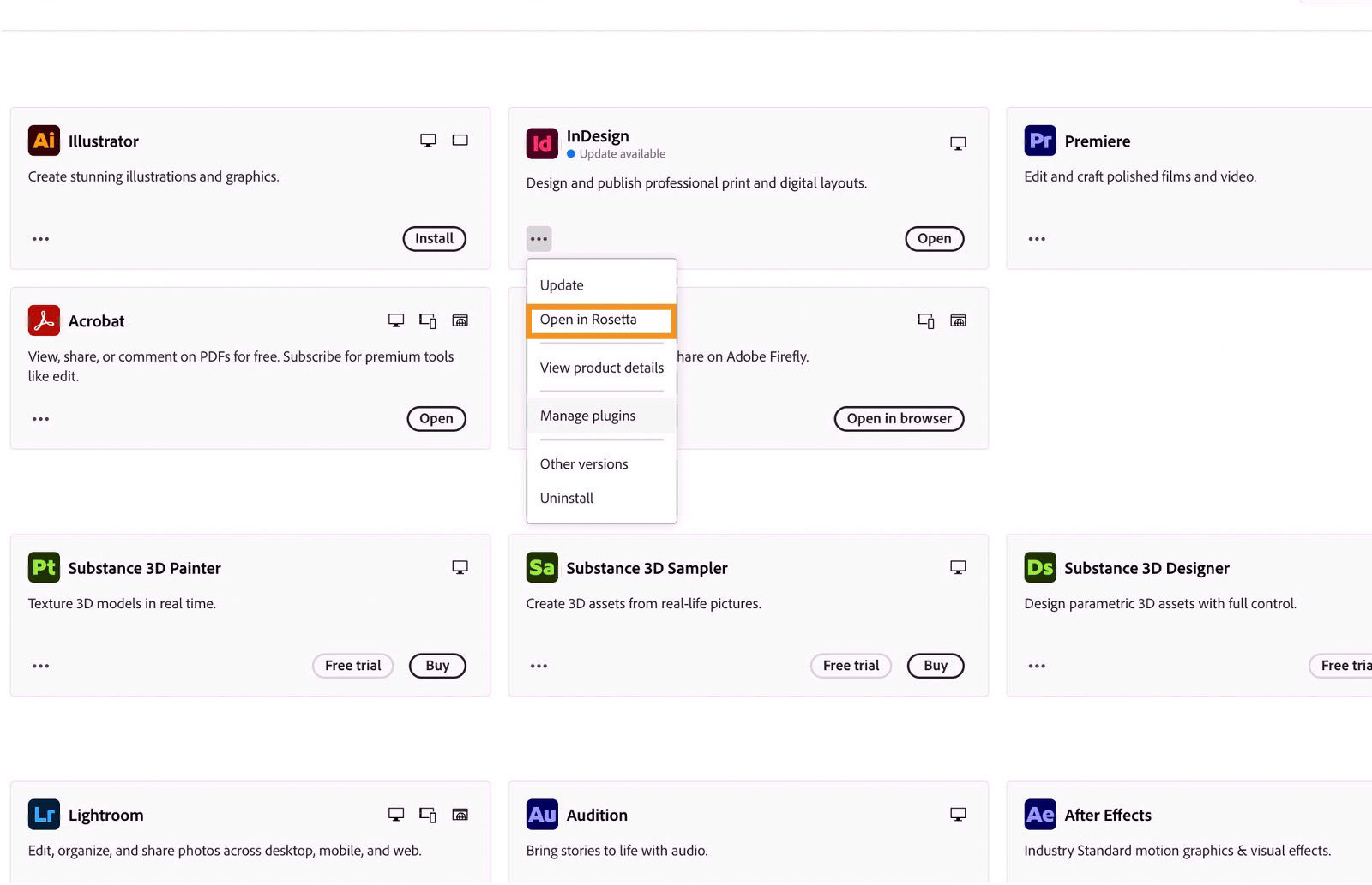 Screenshot showing the option to open InDesign in Rosetta.