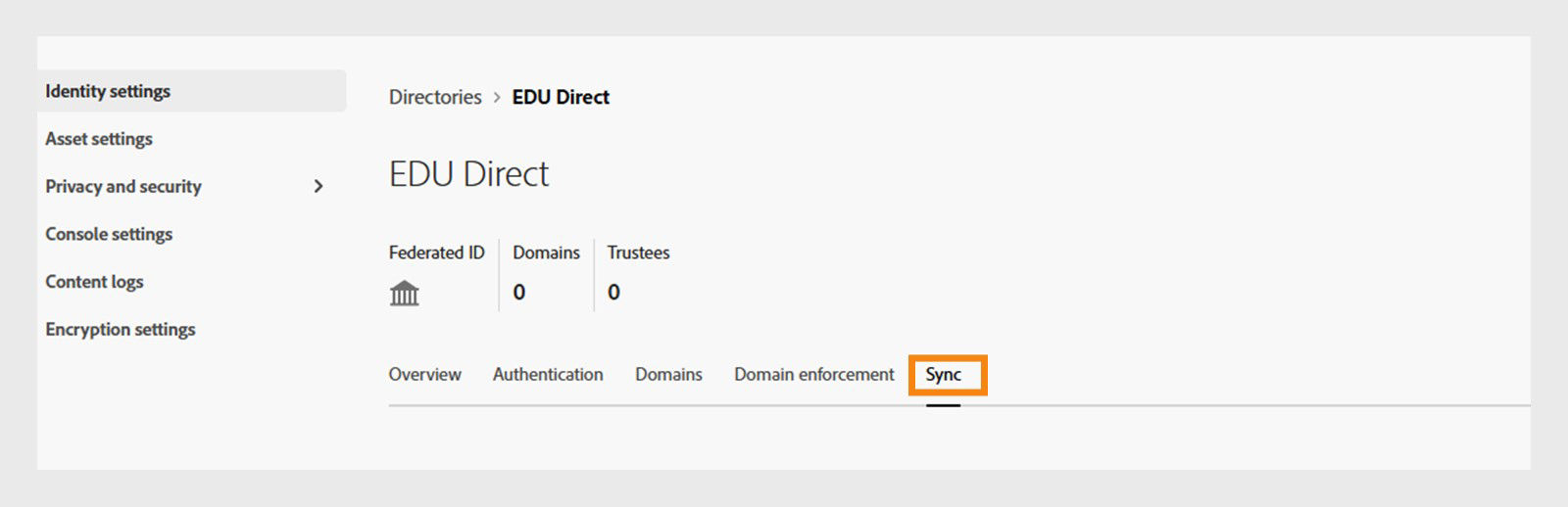 Directory details screen with the Sync tab highlighted