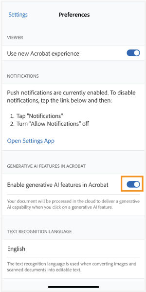 The preferences screen in Acrobat mobile is shown. A toggle to enable generative AI features in Acrobat is given. You can enable or disable the generative AI features using the toggle. 