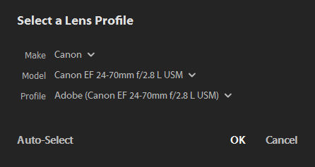 Dialoogvenster Selecteer een lensprofiel