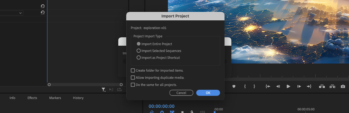 An option seelcted to import a workspace of a saved project into the current project.