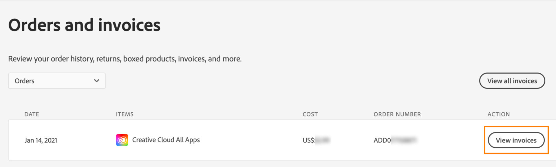 In the Orders and invoices section, select View invoices