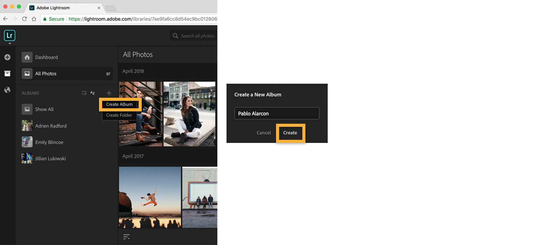 Create an album to organize photos by clicking + icon, Create Album.