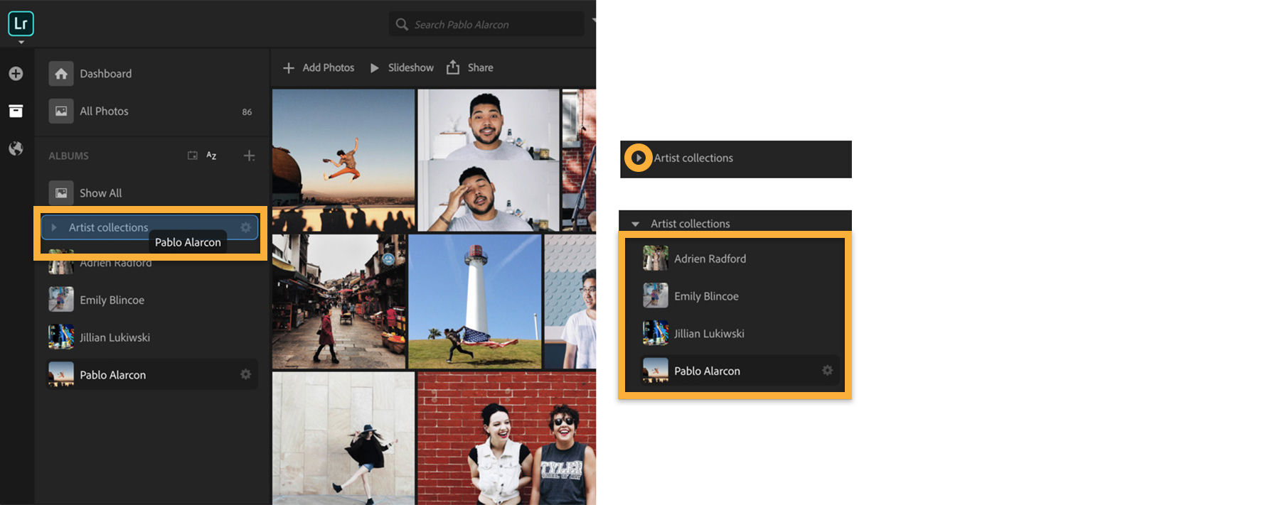 Folders added to albums organize photos further. Click + icon, Create Folder, name folder, click Create. Drag and drop photos
