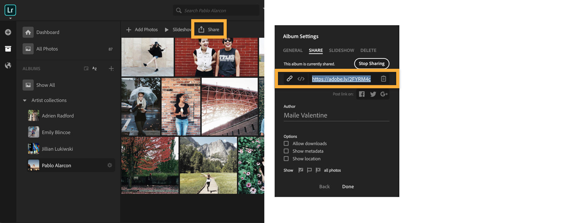 Share the album by clicking Share, then copying the unique URL to text, email, or social media.