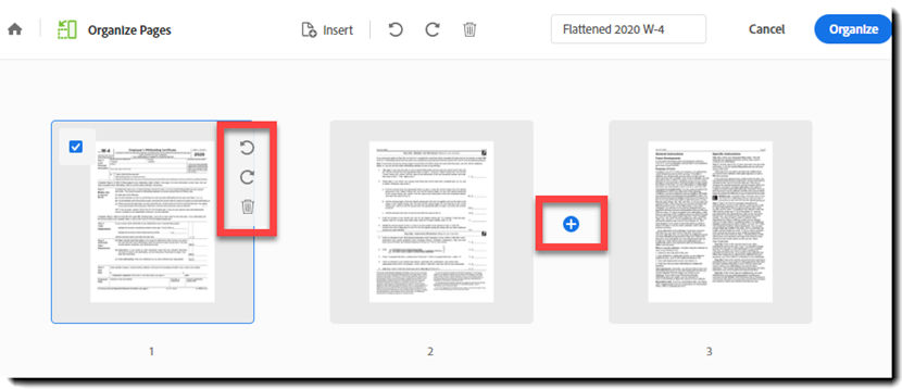 Hover over a page to get options