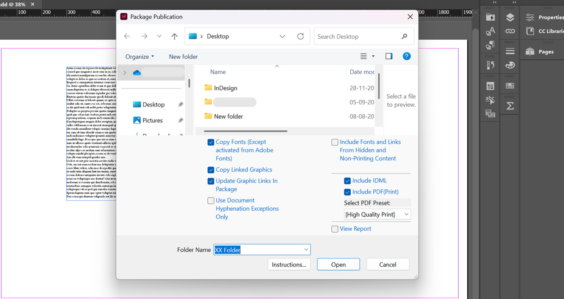 options available while creating a package