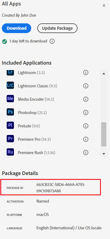 Package ID is on the Package details panel