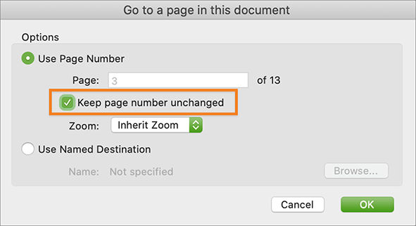 Option to retain the destination page number when you adjust bookmarks zoom level
