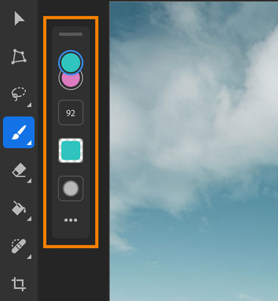 Opcje narzędzia odpowiadające narzędziu Pędzel w aplikacji Photoshop na tablet iPad