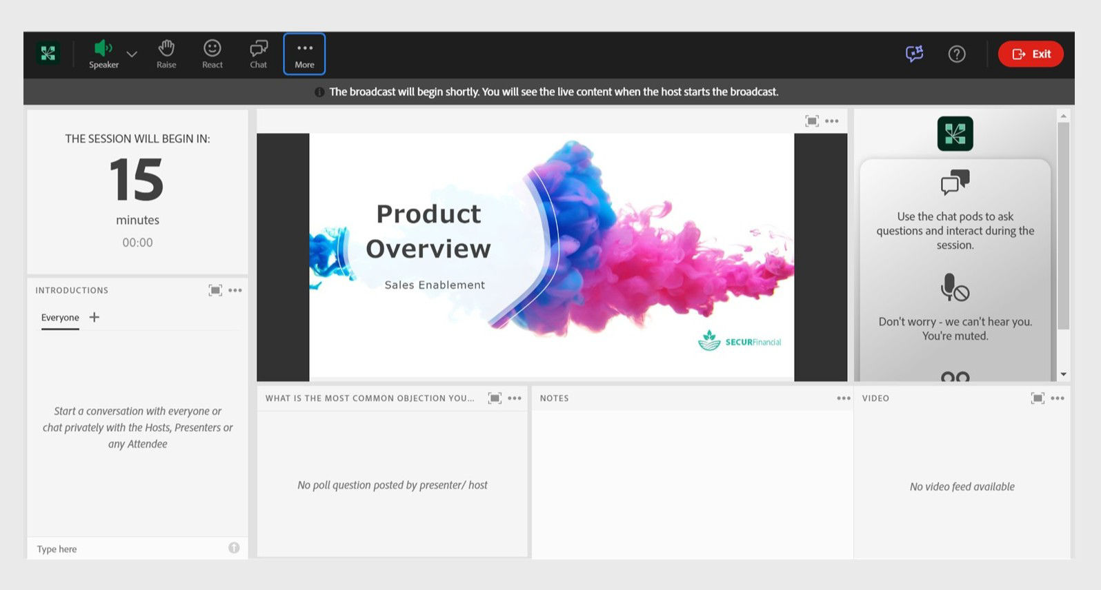 Welcome screen for attendees