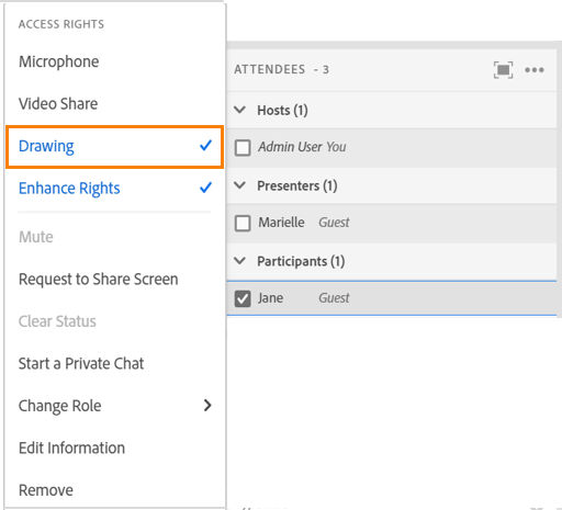 Enable drawing rights for individuals from the Attendees pod.