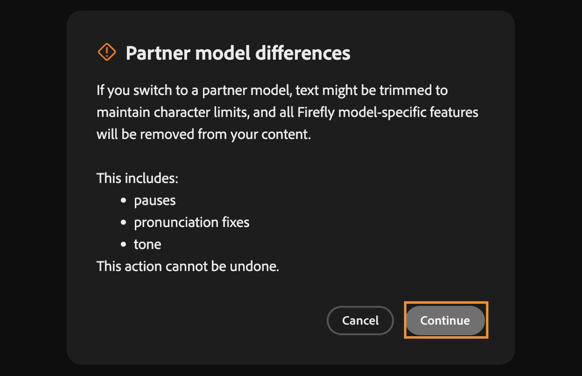 The Partner model dialog displays options to continue or cancel using Adobe partner models for speech generation.