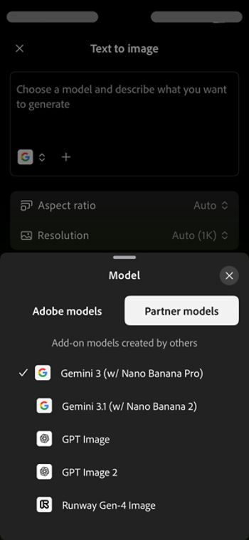 Text to image in Firefly displays the Model menu with Partner models section open and Gemini 3 (Nano Banana Pro) selected.