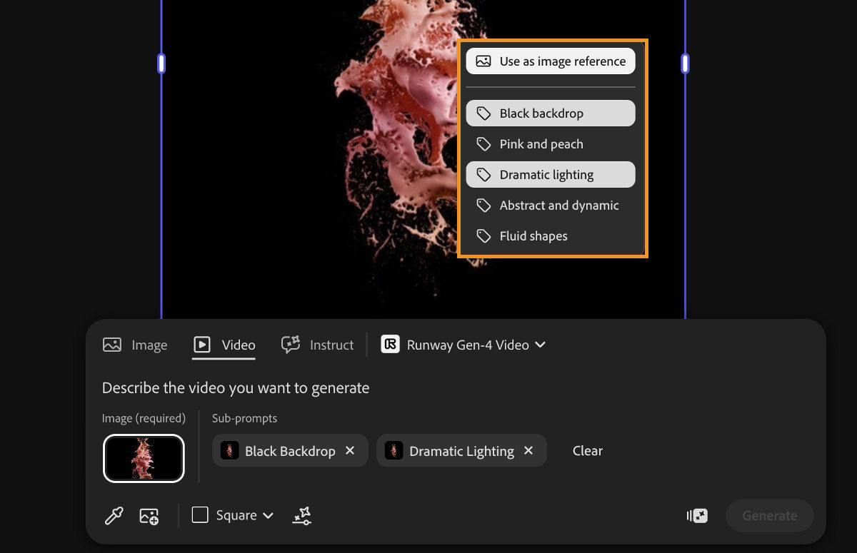 The image is selected from the canvas and the Use as image reference option along with sub-prompts are chosen.a