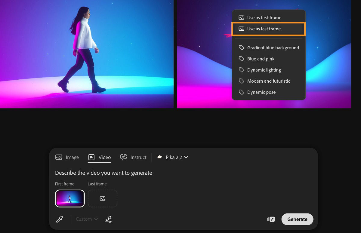 The image used for first frame is visible in the canvas. One of the images is selected and from the context menu, the Use as last frame option is selected.