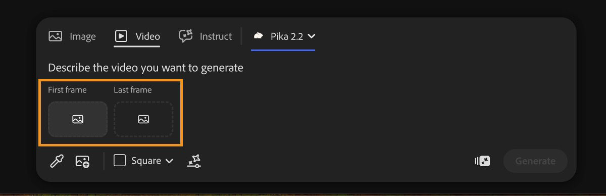 Pika 2.2 is selected and in the prompt bar, there are options to add first and the last frame for video generation.