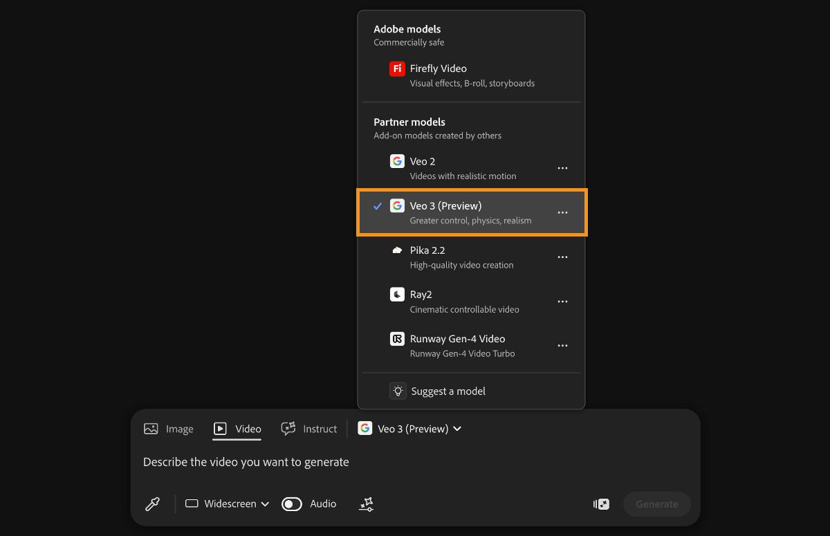 The Video option is selected in the prompt bar and from the list of Adobe and Non-Adobe models, Veo 3 is selected.