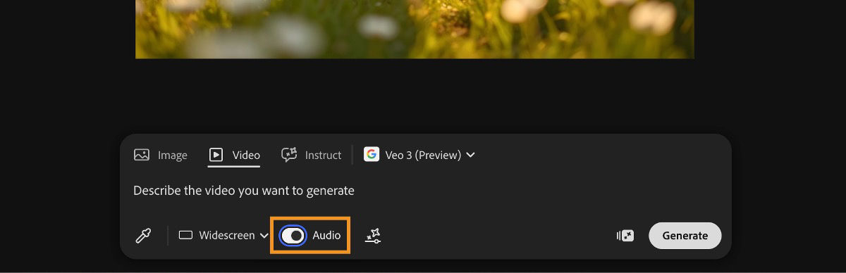 The Veo 3 model is selected for video generation and the Audio option is enabled in the prompt bar.