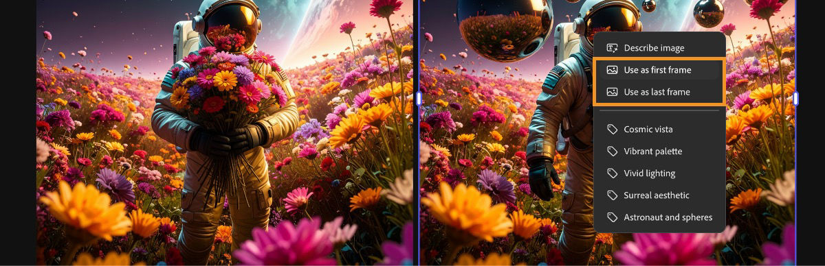 The image used for first frame is visible in the canvas. One of the images is selected and from the context menu, the Use as last frame option is selected.
