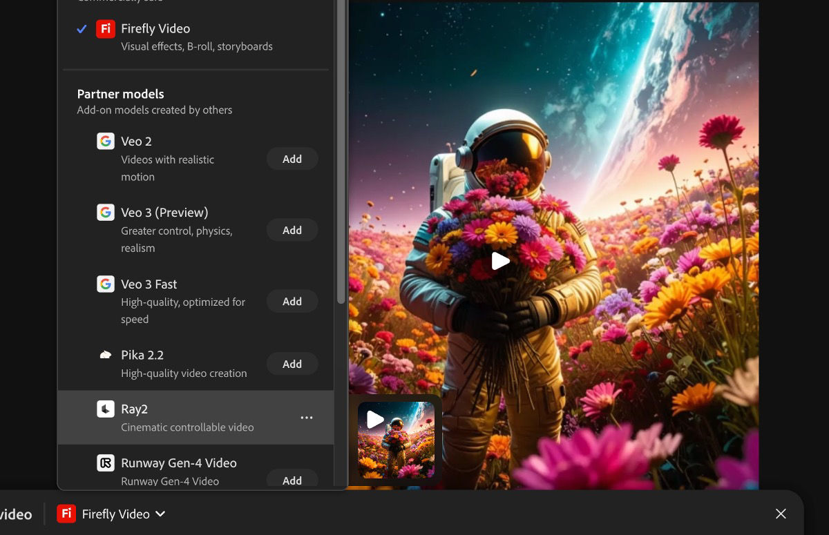 A panel that shows a list of Adobe and partner models for image and video generations.
