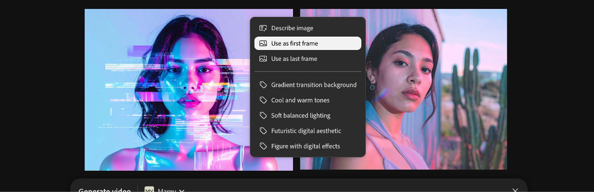 The image used for first frame is visible in the canvas. One of the images is selected and from the context menu, the Use as last frame option is selected.