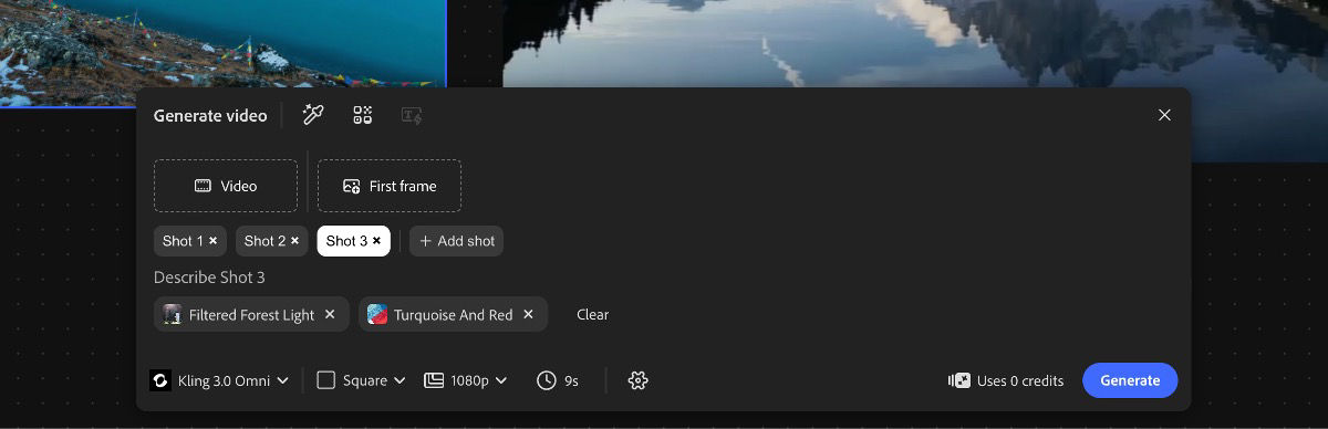 The Generate video panel is open with the options to add video, first frame, multiple shots and their respective prompts.