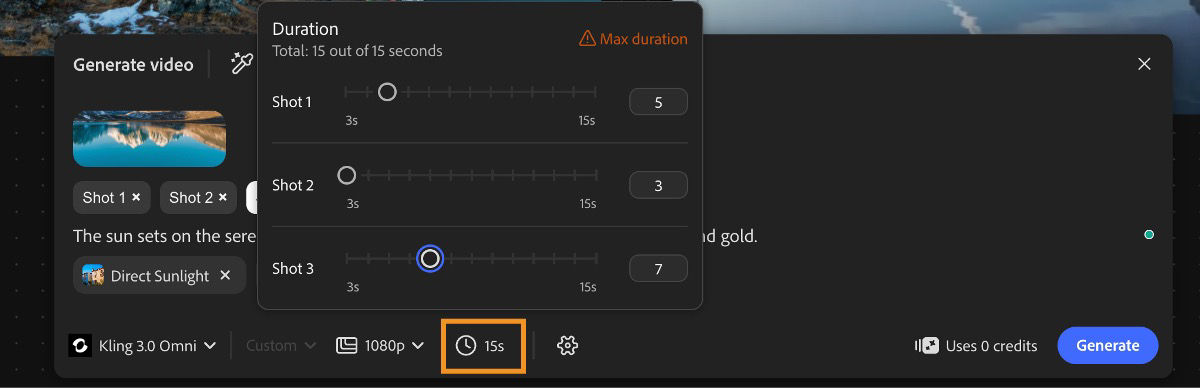 The Generate video panel displays the duration sliders with the option to change duration for each shot.