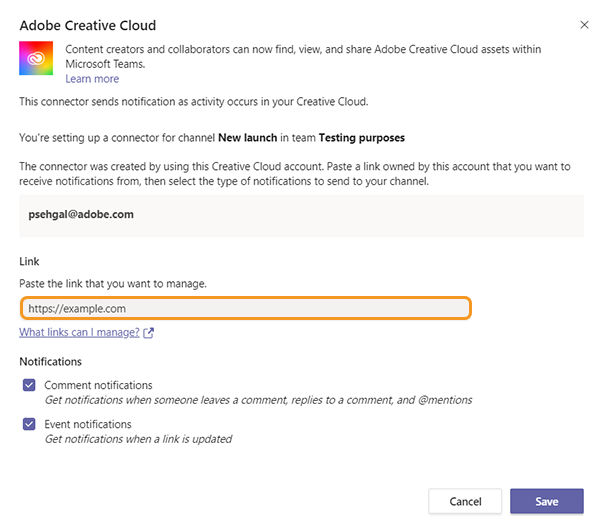 Paste a link for your Creative Cloud asset