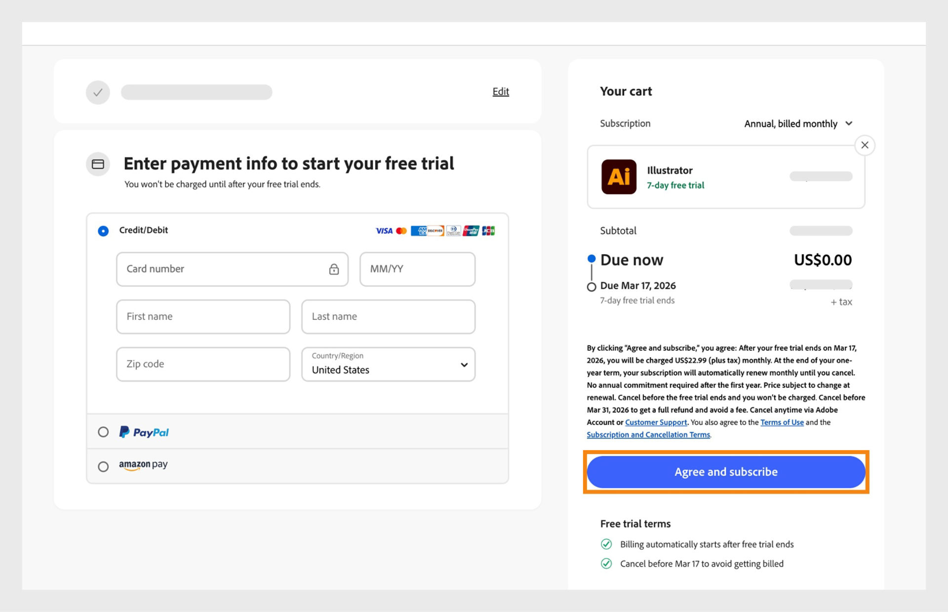 The payments info page displays the plan details, fields to to enter payment details, and options to agree and subscribe to the plan and go back to the previous page.