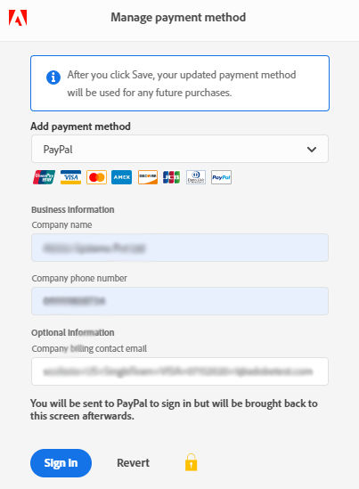 Manage payment method dialog box with PayPal selected as the payment method.