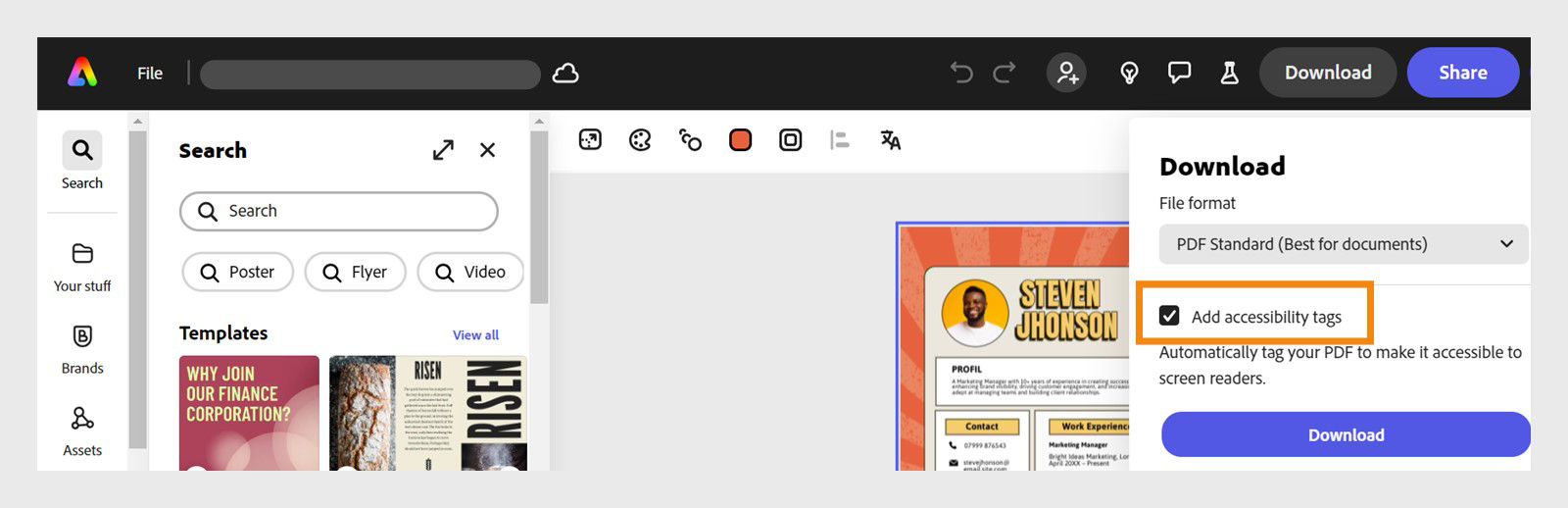En PDF er klar til at blive eksporteret, og Download-knappen er fremhævet. Afkrydsningsfeltet Tilføj tilgængelighedstags er markeret, med mulighed for at downloade.