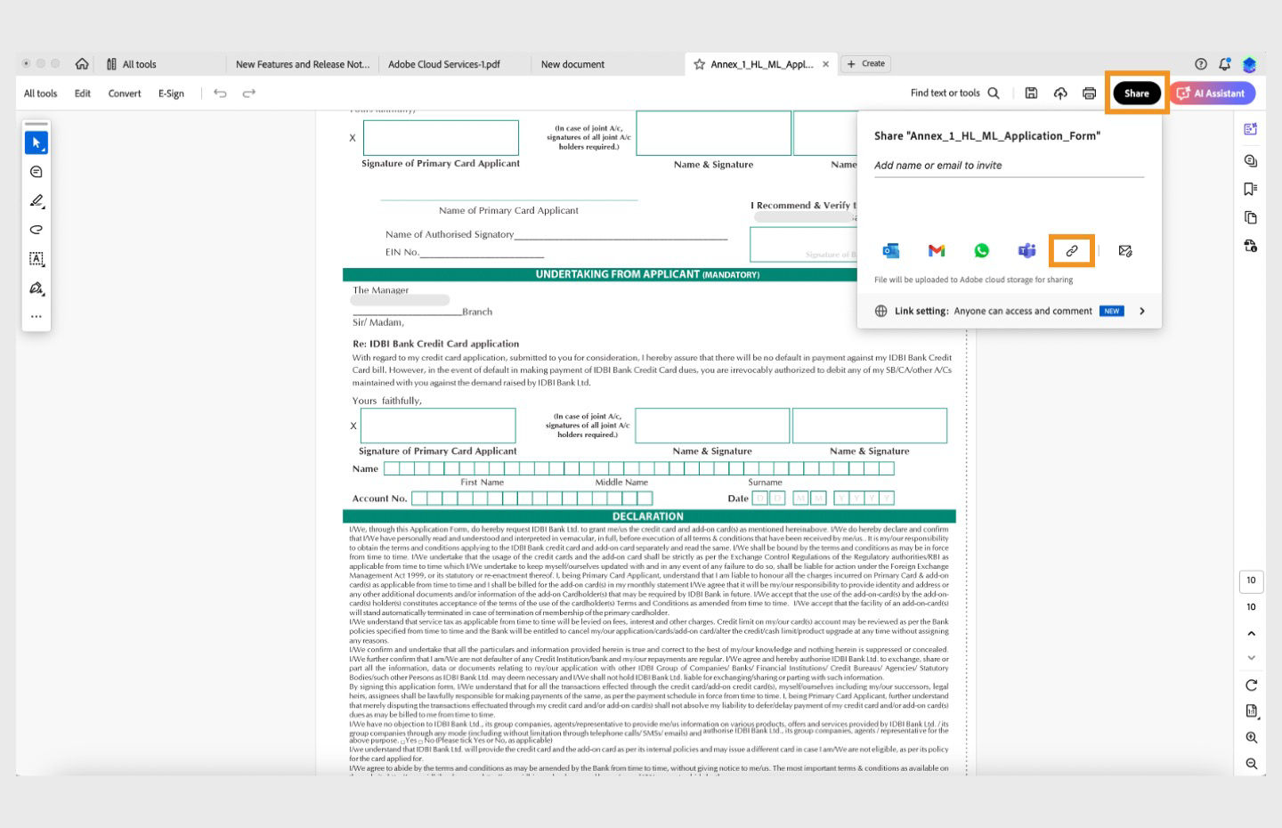 A PDF form is opened in Acrobat and the Share options are diaplyed. 