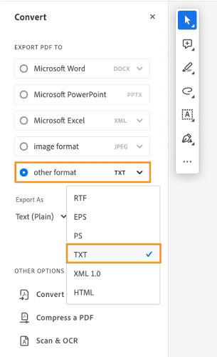 The convert toolbar in Acrobat is shown and other option is highlighted