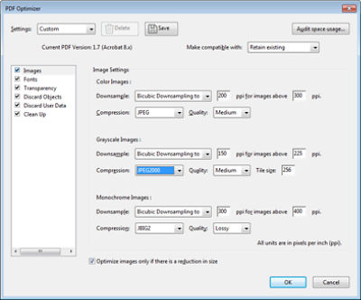 Параметры оптимизации PDF в Acrobat