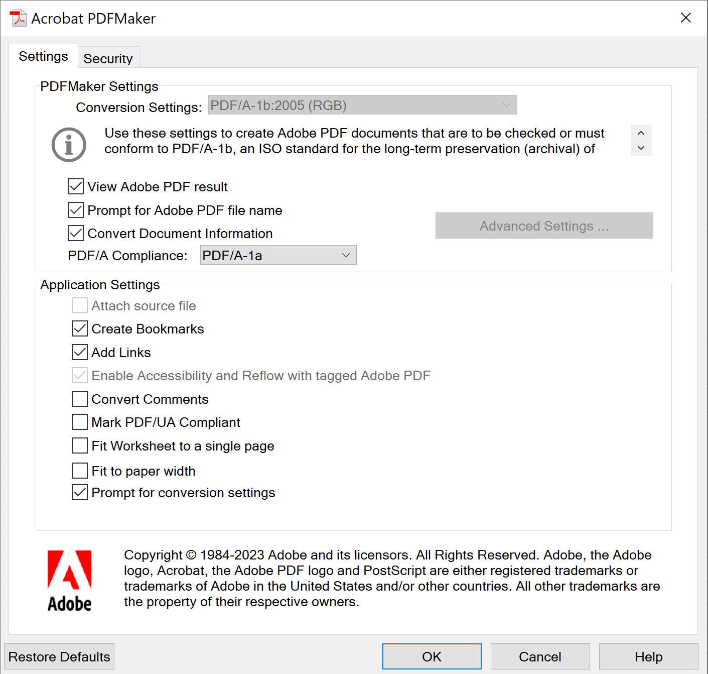 PDFMaker settings to set UA compliance