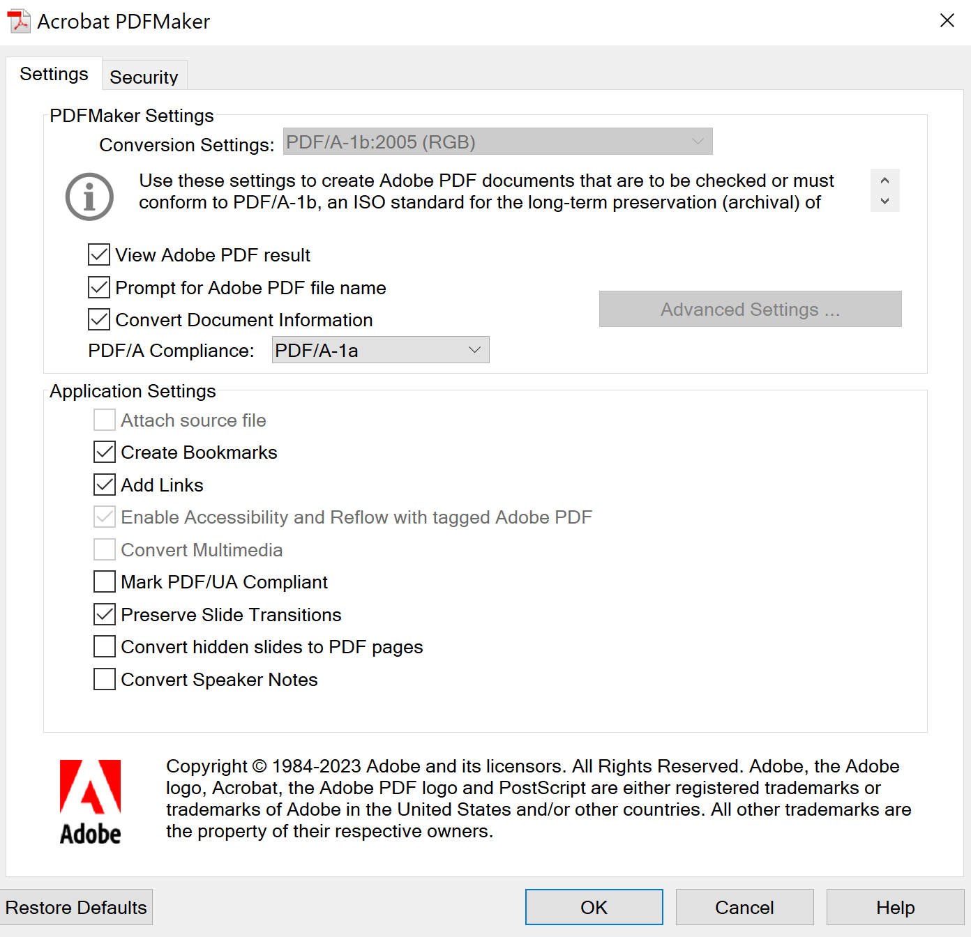 PDFMaker settings to set UA compliance