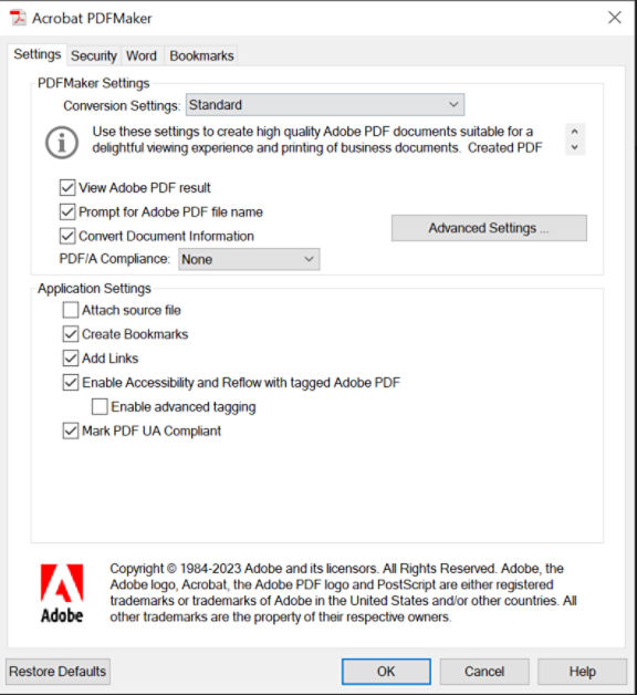 PDFMaker preference to set accessibility standard