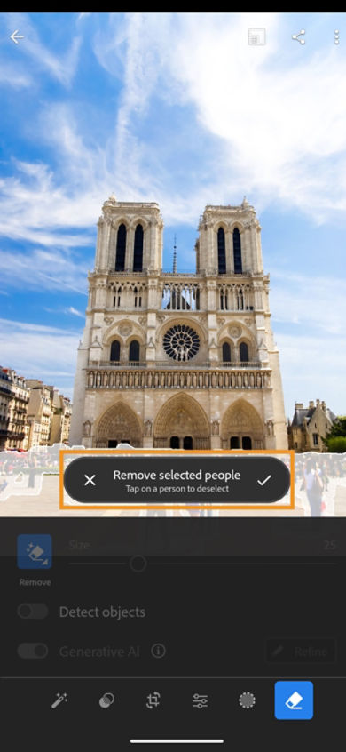 Remove selected people button is highlighted on Remove tool with a boy jumping in a ocean in the image.