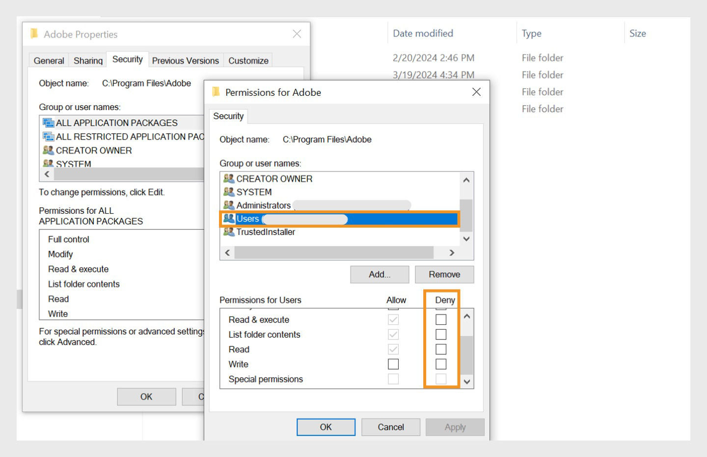 Permissions for Adobe dialog box is open with options to allow and deny permissions for users. 