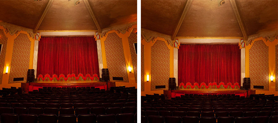 Side by side images of a theater interior with one side cropped and straightened