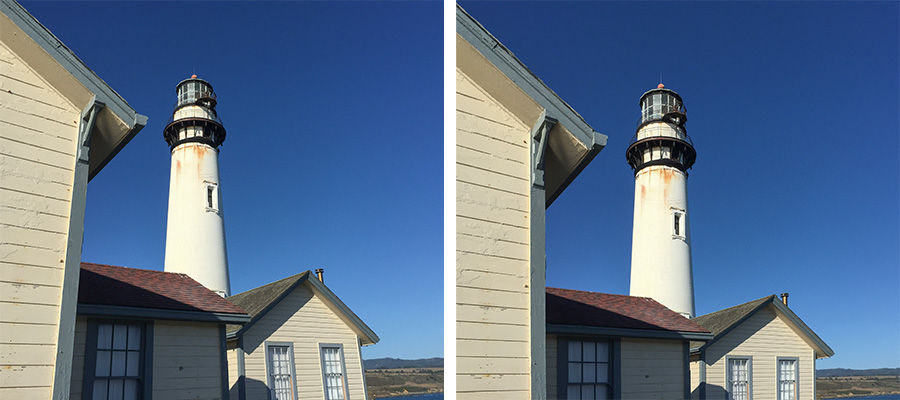 Side by side images of a lighthouse and buildings with one side cropped and straightened