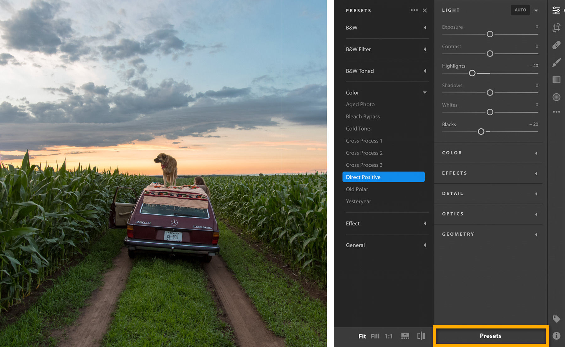 Style and filter effect presets are available, and can be fine-tuned with sliders. 