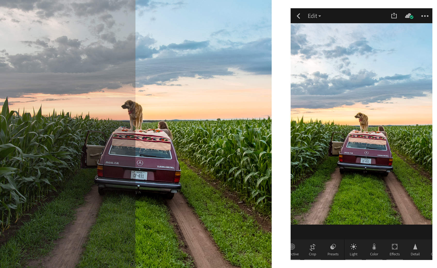 Left: Before/After photo of vehicle in cornfield on desktop. Right: Edited image is synced to Lightroom on a mobile device.