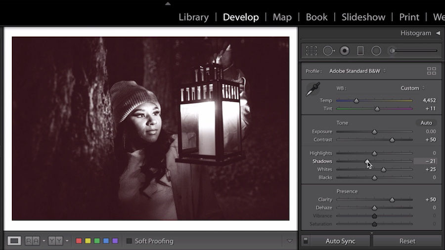 Young woman holding lantern is converted to a black and white image with red undertones 