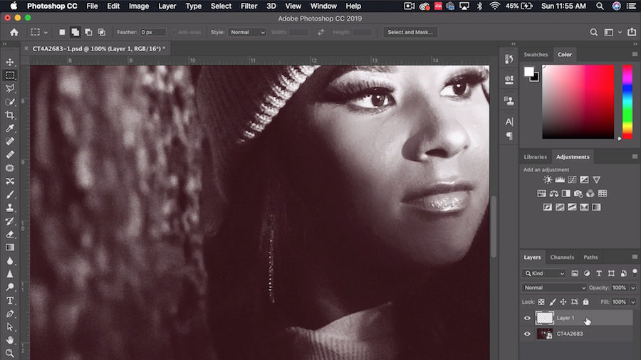 Photo is opened in Adobe Photoshop and layers are added for editing while preserving the original image. 