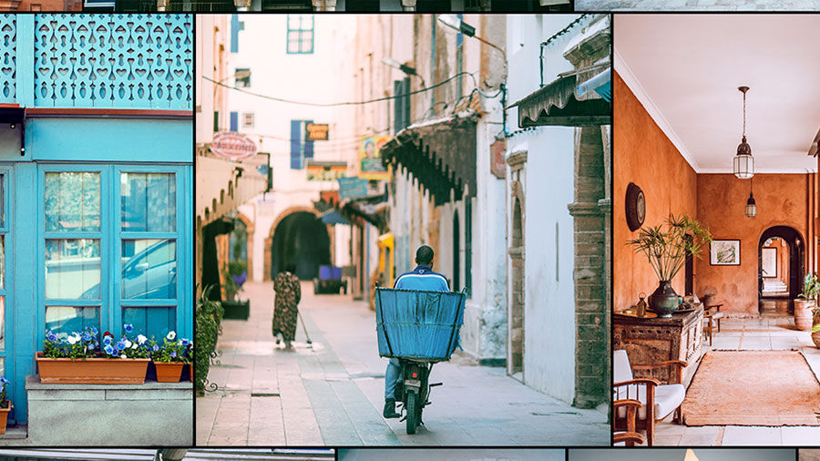 Image of a photo tryptich showing a blue window, person on a moped, and a house interior