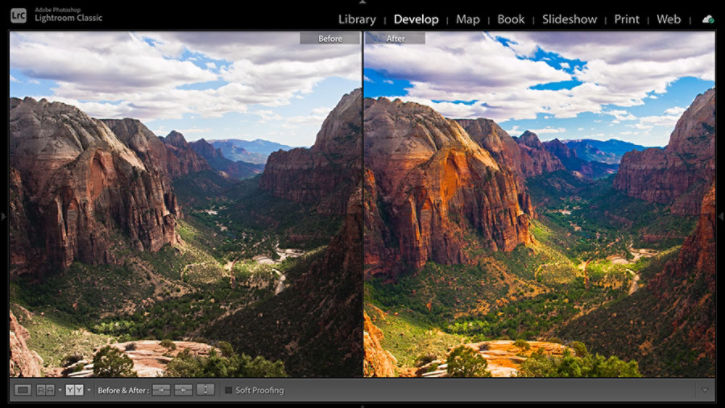 Two versions of the same landscape photo in Lightroom Classic before (left) and after (right) auto image corrections have been applied.